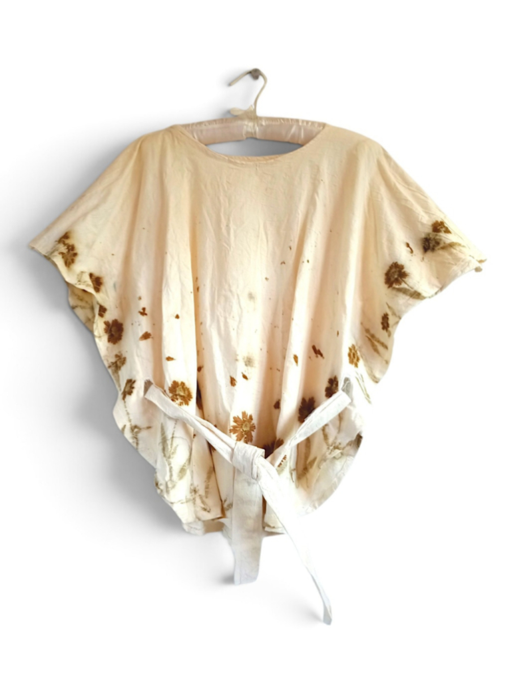 Green Witch Botanical Print Tunic Blouse Organic Cotton Eco Printing Belted Boho